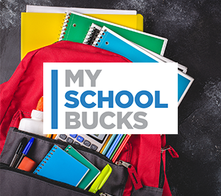 backpack with notebooks with words, "My School Bucks"